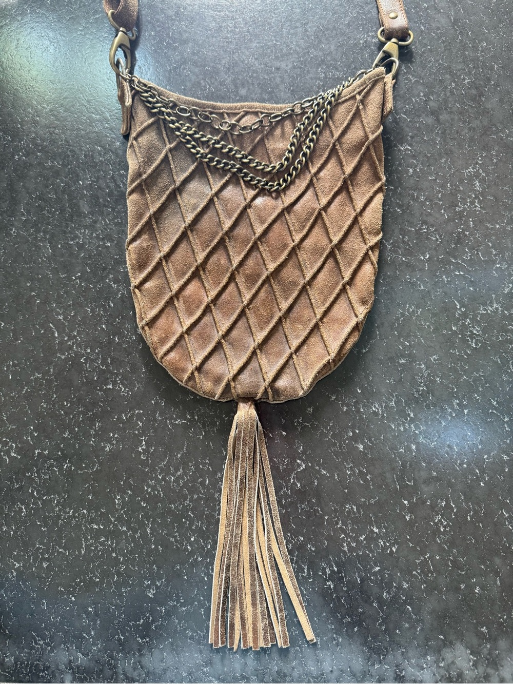 Liz Soto Brown Distressed Quilted Leather Crossbody Bag with Tassel